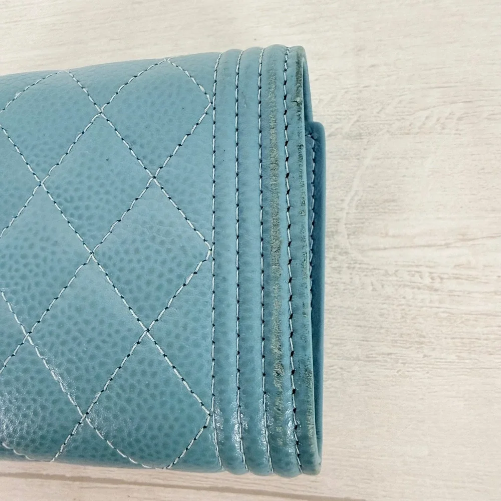 Chanel Boy Flap Wallet Light Blue Caviar Leather Gold Hardware Quilted Authentic